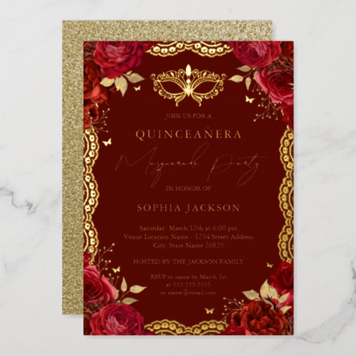 Masquerade Party Red Gold Rose Lace Quinceanera  Foil Invitation