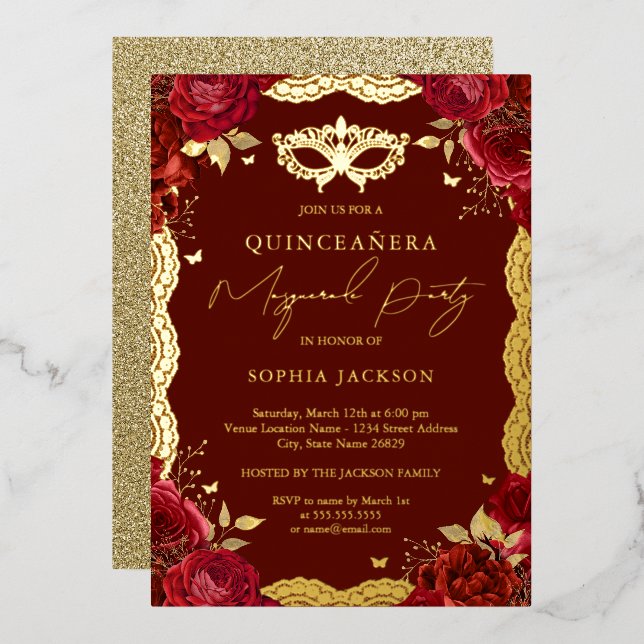 Masquerade Party Red Gold Rose Lace Quinceanera  Foil Invitation (Front/Back)