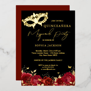 Masquerade Party Red Gold Rose Mask Quinceanera   Foil Invitation