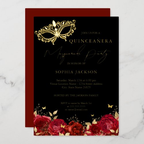 Masquerade Party Red Gold Rose Mask Quinceanera   Foil Invitation