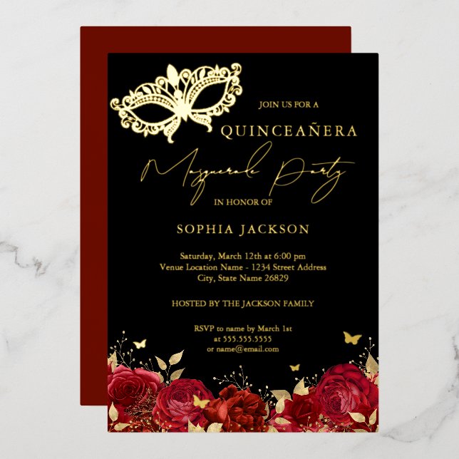 Masquerade Party Red Gold Rose Mask Quinceanera   Foil Invitation (Front/Back)