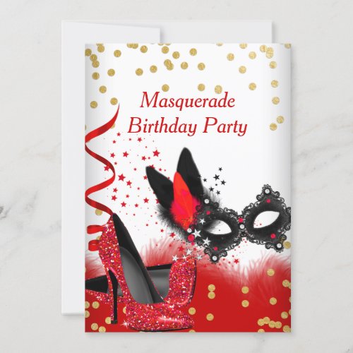 Masquerade Party Red Heels White Gold Black Mask 2 Invitation