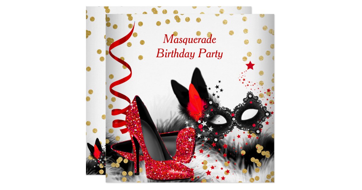 Masquerade Party Red Heels White Gold Black Mask Invitation