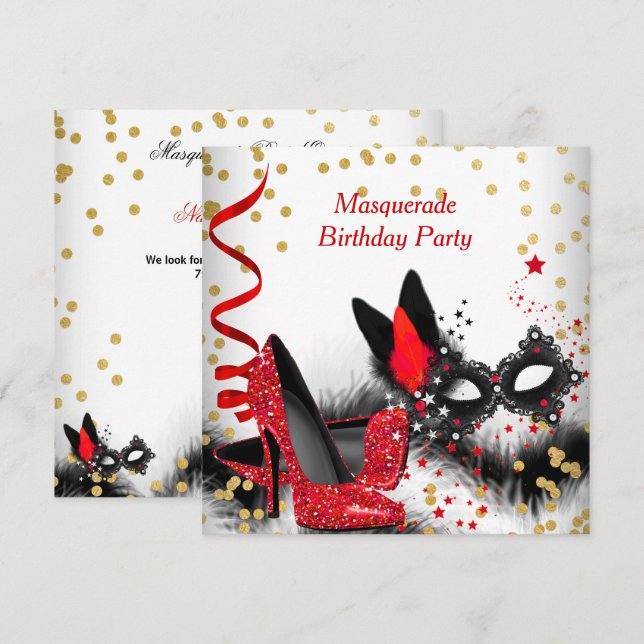 Masquerade Party Red Heels White Gold Black Mask Invitation (Front/Back)