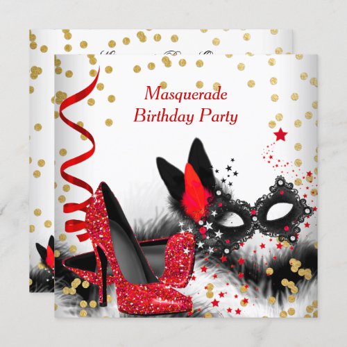 Masquerade Party Red Heels White Gold Black Mask Invitation