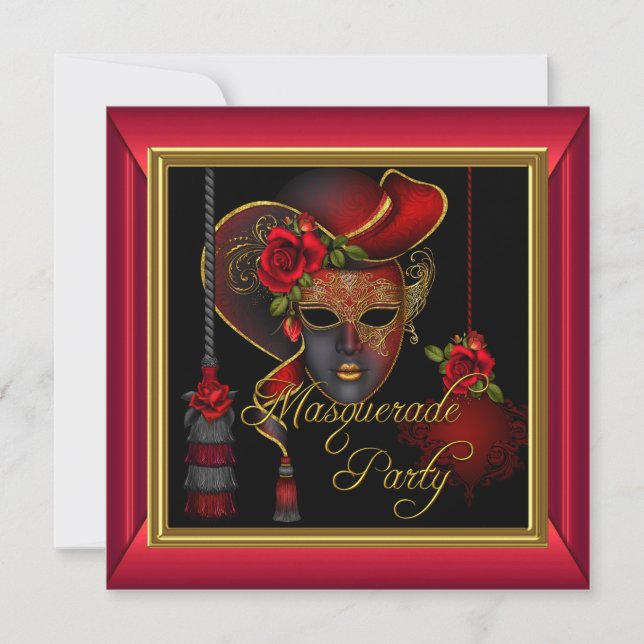 Masquerade Party Red Masks Gold Black Birthday Invitation (Front)
