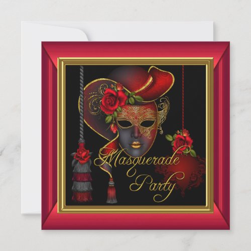 Masquerade Party Red Masks Gold Black Birthday Invitation
