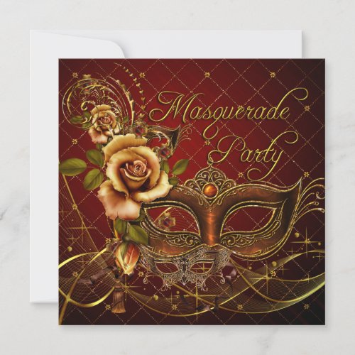 Masquerade Party Red Masks Gold Black Birthday Invitation