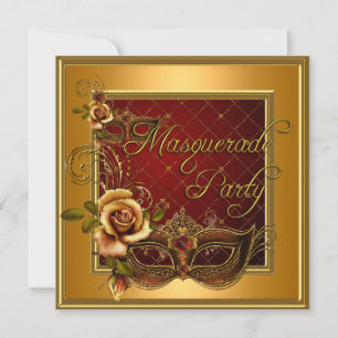 Masquerade Party Red Masks Gold Black Birthday Invitation