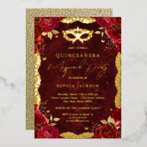 Gold Red Rose Lace Butterfly Quinceanera Birthday  Foil Invitation