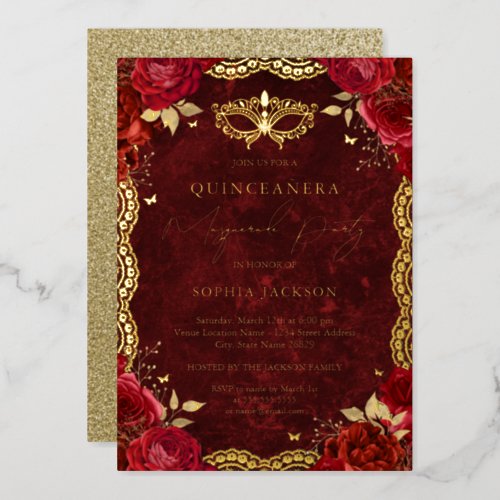 Masquerade Party Red Rose Lace Quinceanera  Foil Invitation