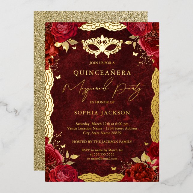 Masquerade Party Red Rose Lace Quinceanera  Foil Invitation (Front/Back)