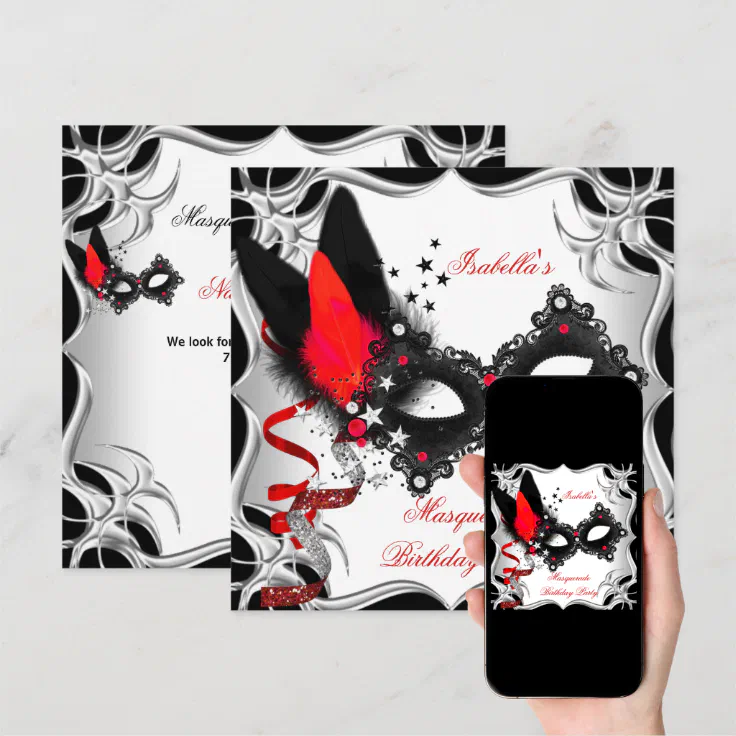 Masquerade Party Red Silver Black Mask Invitation | Zazzle