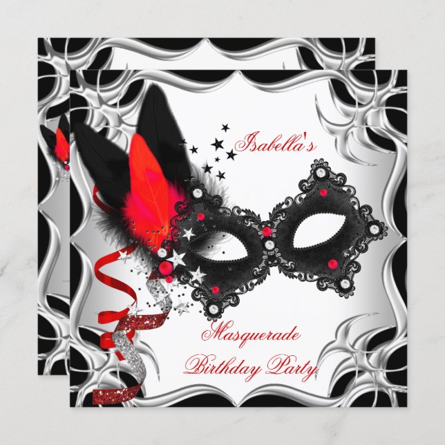 Masquerade Party Red Silver Black Mask Invitation (Front/Back)