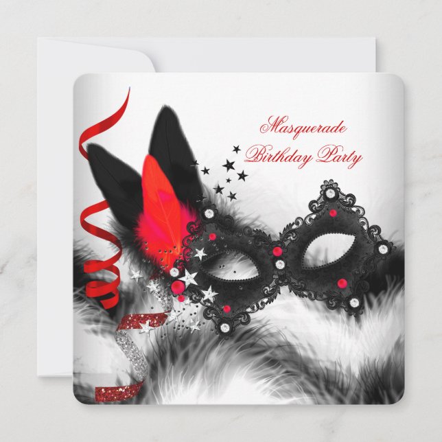 Masquerade Party Red White Black Mask Invitation (Front)