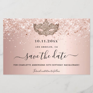 Masquerade party rose gold save the date card