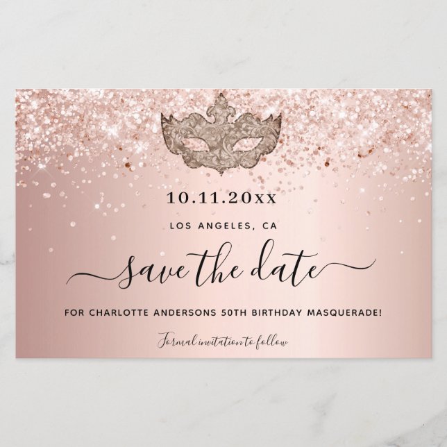 Masquerade party rose gold save the date card (Front)