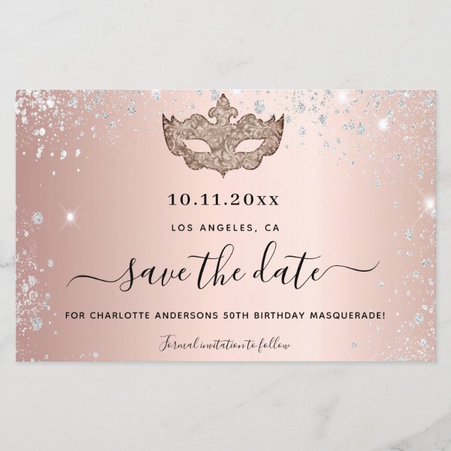 Masquerade party rose gold save the date card (Front)