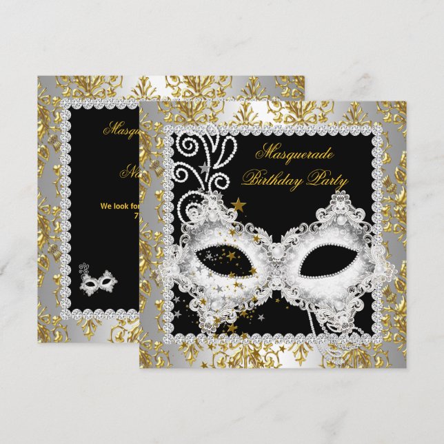 Masquerade Party Silver Gold Damask Black Mask 2 Invitation (Front/Back)