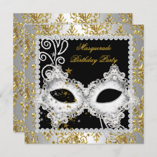 Masquerade Party Silver Gold Damask Black Mask 2 Invitation