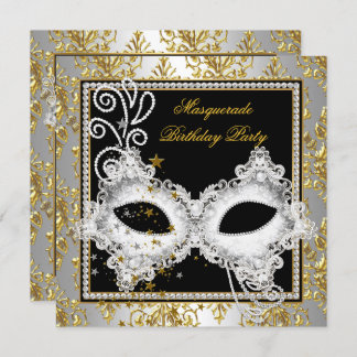 Masquerade Party Silver Gold Damask Black Mask Invitation
