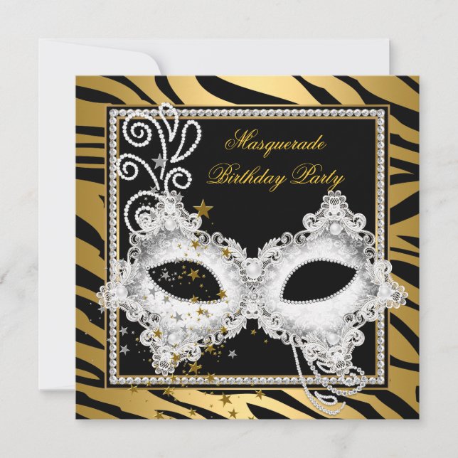 Masquerade Party Silver Gold Zebra Black Mask 3 Invitation (Front)