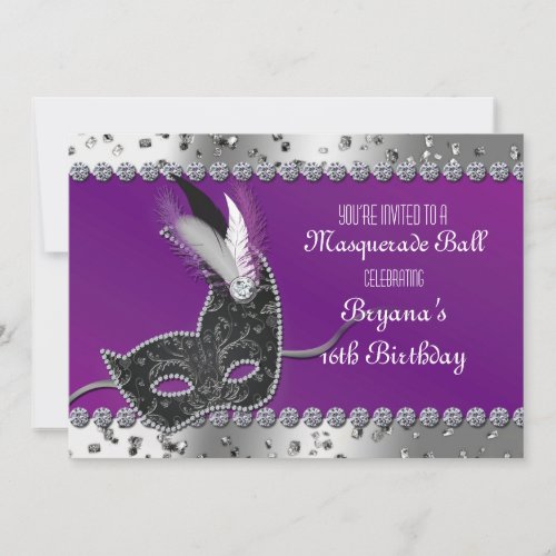 Masquerade Party Silver Purple Birthday Invitation