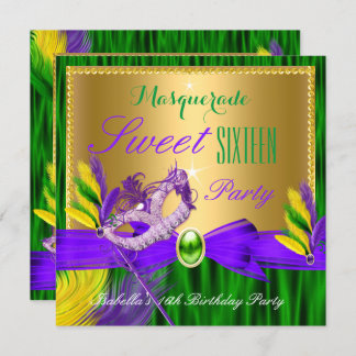 Masquerade Party Sweet 16 Purple Green Gold Invitation