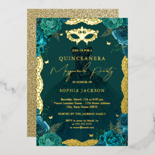 Masquerade Party Teal Floral Dress Quinceanera Foil Invitation