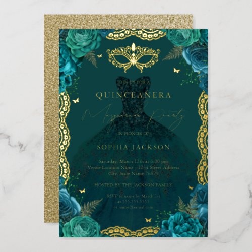Masquerade Party Teal Floral Dress Quinceanera Foil Invitation