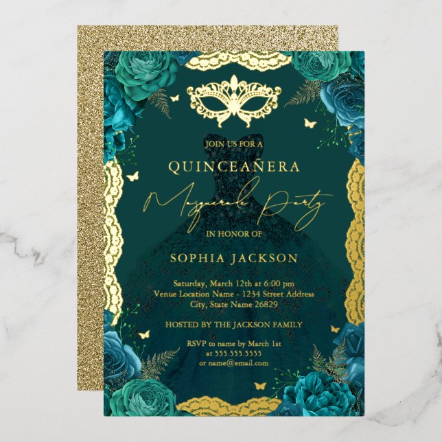 Masquerade Party Teal Floral Dress Quinceanera Foil Invitation (Front/Back)