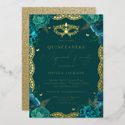 Masquerade Party Teal Floral Lace Quinceanera Foil Invitation