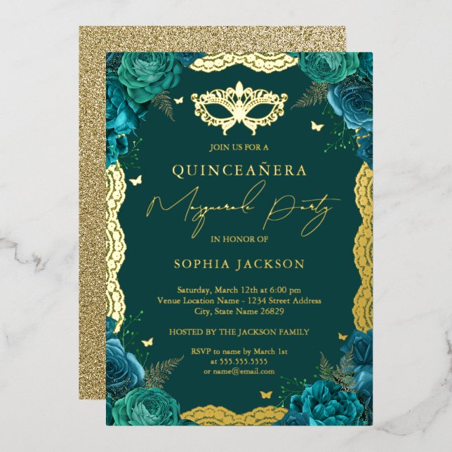 Masquerade Party Teal Floral Lace Quinceanera Foil Invitation (Front/Back)