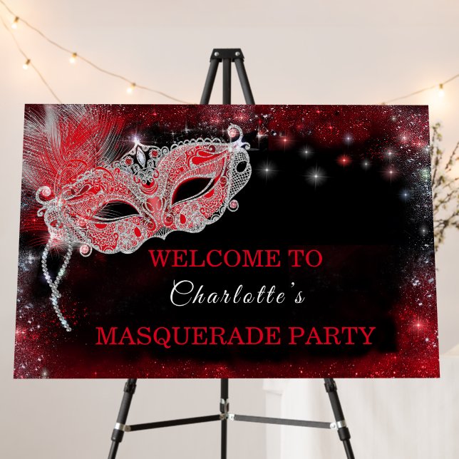 Masquerade Party Welcome Sign Black and Red (In Situ (Stand))