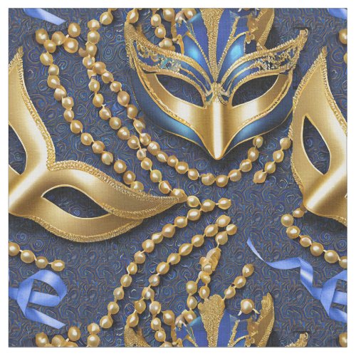 Masquerade Pattern Beads Masks Blue Gold ID1031 Fabric