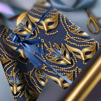 Masquerade Pattern Beads Masks Blue Gold Id1031 Wrapping Paper by arrayforcards at Zazzle