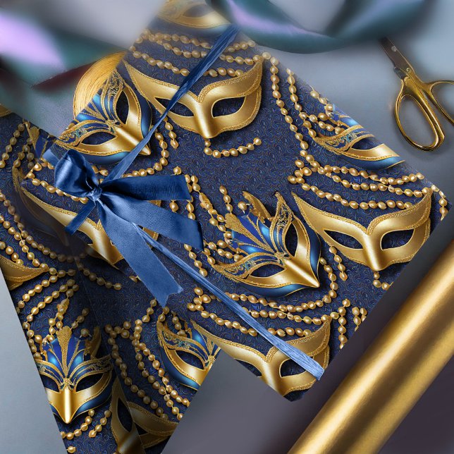Masquerade Pattern Beads Masks Blue Gold ID1031 Wrapping Paper (Creator Uploaded)