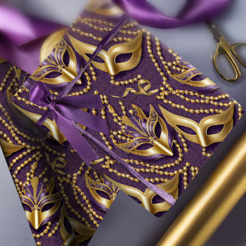 Masquerade Pattern Beads Masks Purple Gold Id1031 Wrapping Paper by arrayforcards at Zazzle