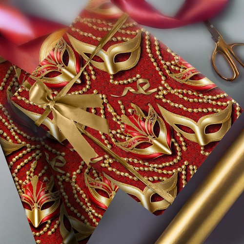 Masquerade Pattern Beads Masks Red Gold ID1031 Wrapping Paper