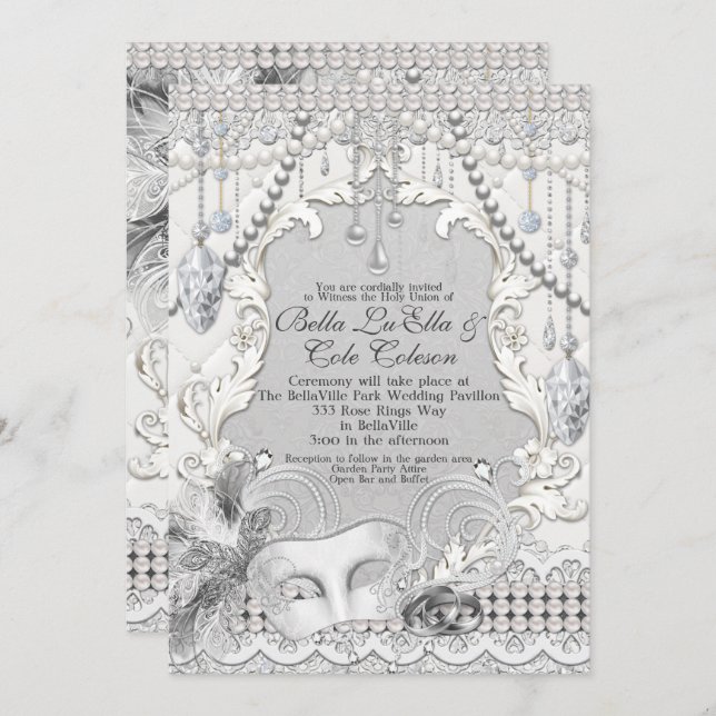 Masquerade Pearls Diamond Bling Wedding Invitation (Front/Back)