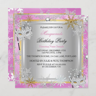 Masquerade Pink Gold Snowflakes Silver Masks Invitation
