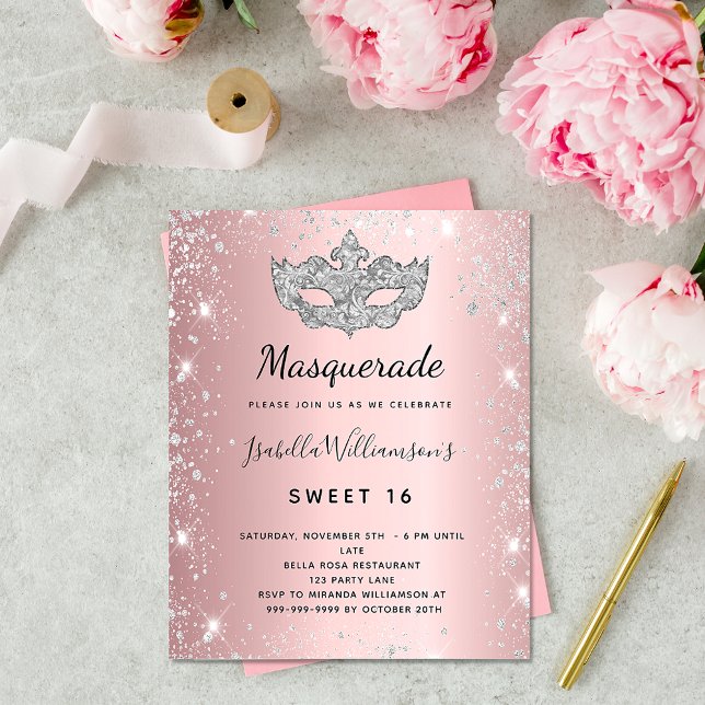 Masquerade pink silver Sweet 16 budget invitation Flyer (Creator Uploaded)