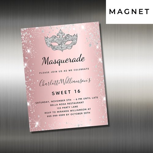 Masquerade pink silver Sweet 16 invitation magnet