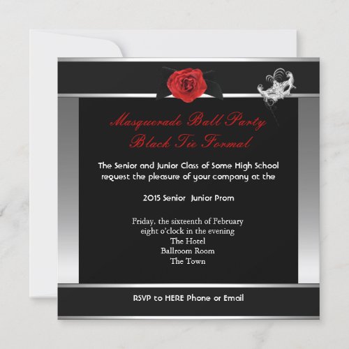 Masquerade Prom High School Dance Silver Red Invitation