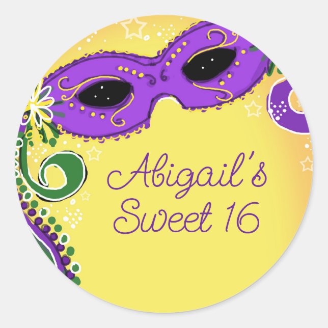 Masquerade Purple and Yellow Mask Sweet 16 Classic Round Sticker (Front)