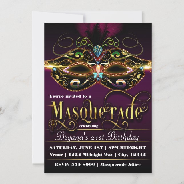 MASQUERADE Purple Colorful Mask Party Invitations (Front)