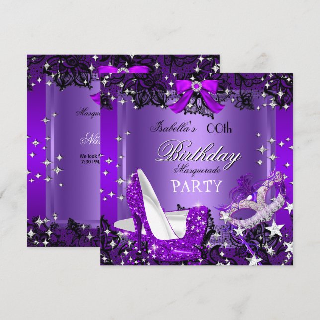 Masquerade Purple Glitter High Heels Party Invitation (Front/Back)