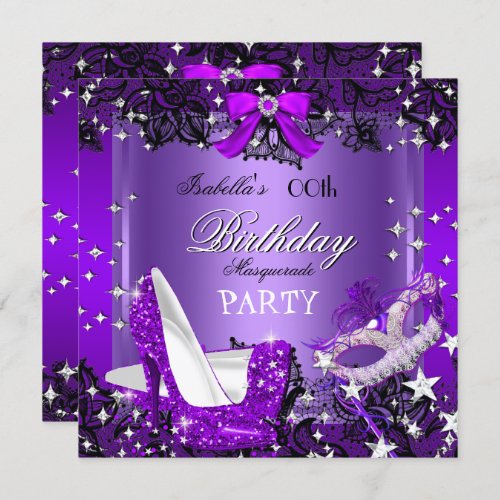 Masquerade Purple Glitter High Heels Party Invitation