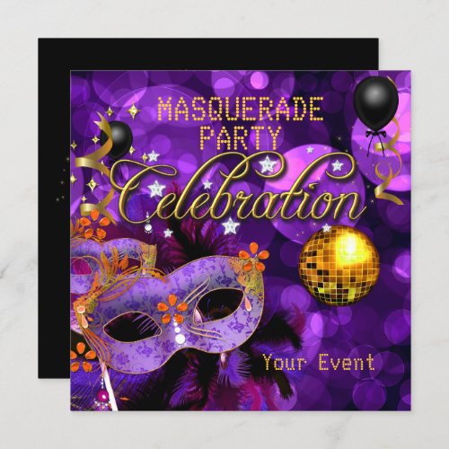 MASQUERADE Purple Gold Dance Party Disco Ball Invitation