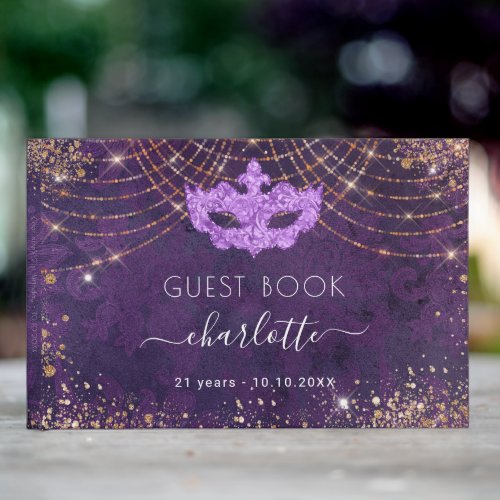 Masquerade purple gold glitter dust birthday guest book